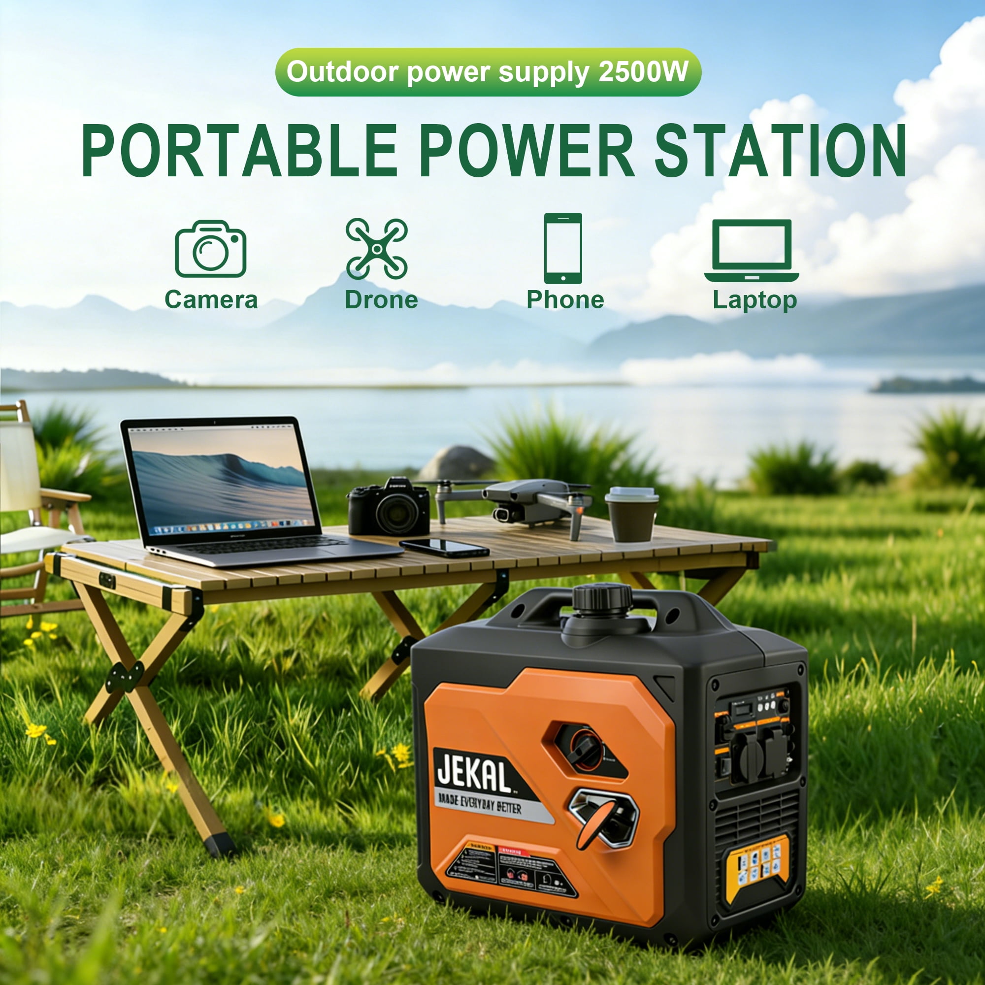 2500W Inverter Generator, 121.6cc 4-Stroke OHV Engine, Quiet Portable Gas Propane Powered with CO Sensor and RV Ready Outlet for Home Backup, Camping & Tailgating