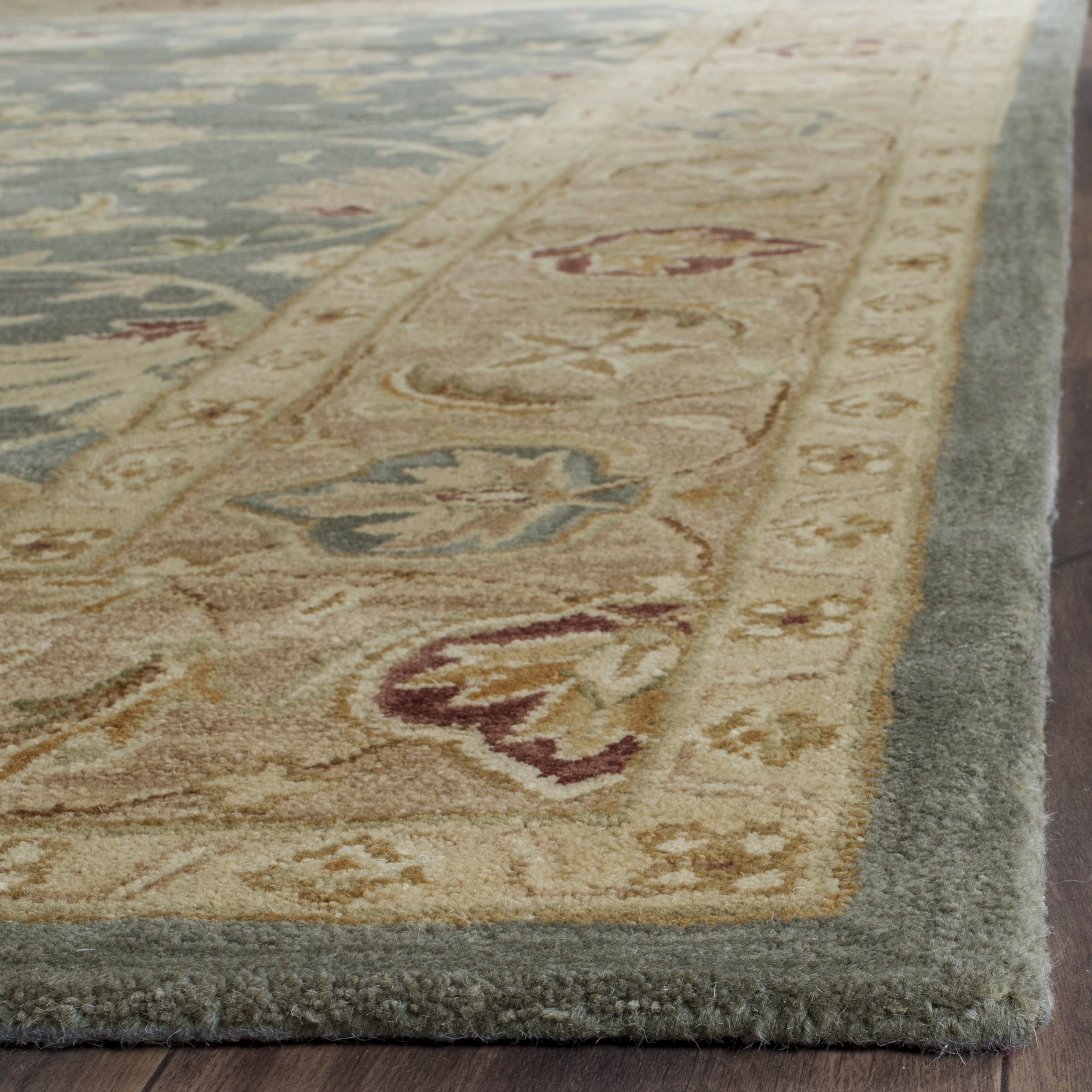 SAFAVIEH Antiquity Lagrange Floral Bordered Wool Runner Rug, Teal Blue/Taupe, 2'3" x 10'