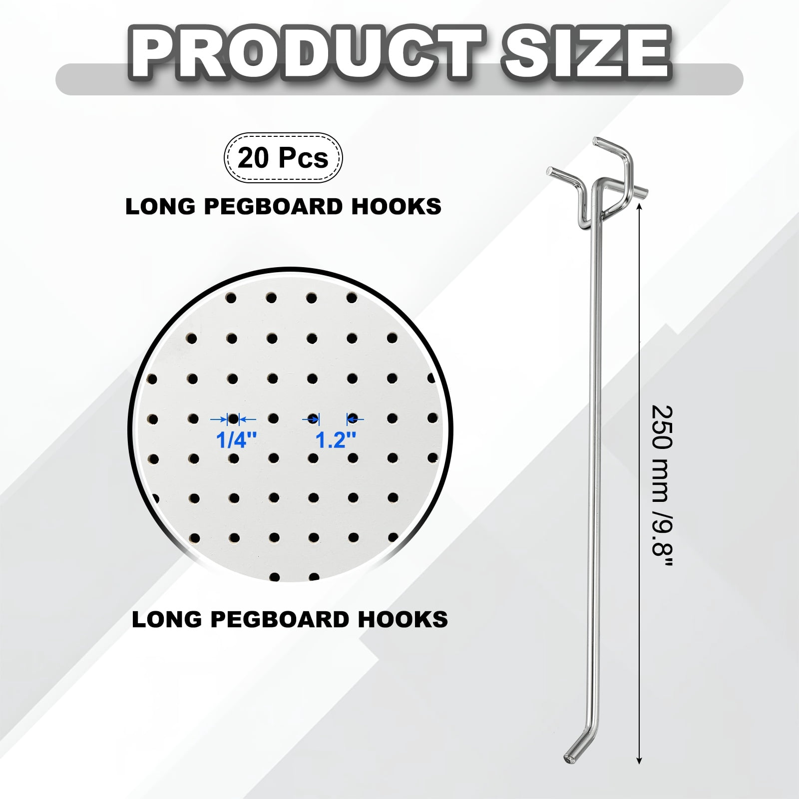 Uxcell 20 Pcs Pegboard Hooks,  9.8 Inch Peg Board Hooks Kit Fit 1/5" Pegboard Garage for Hanging Shelving Tool Storage Craft Organizing, Silver Tone (1.2mm Hole Dia)