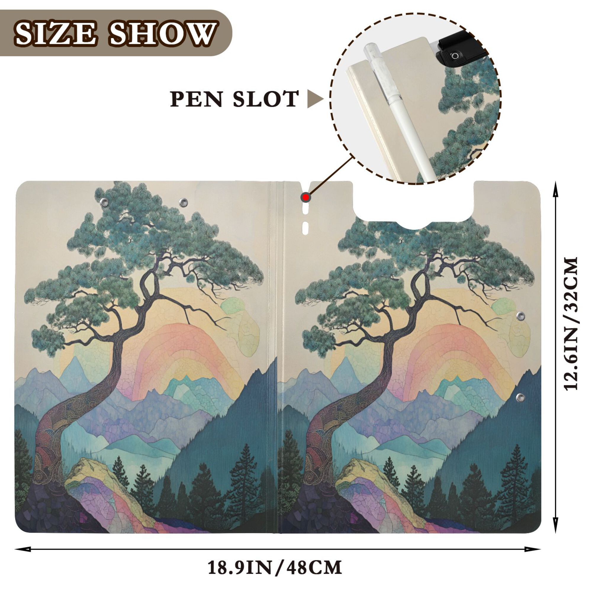FORMRS A4 Clipboard Folder with Pen Holder Horizontal Foldable School Office Binder, Pine Tree Rainbow