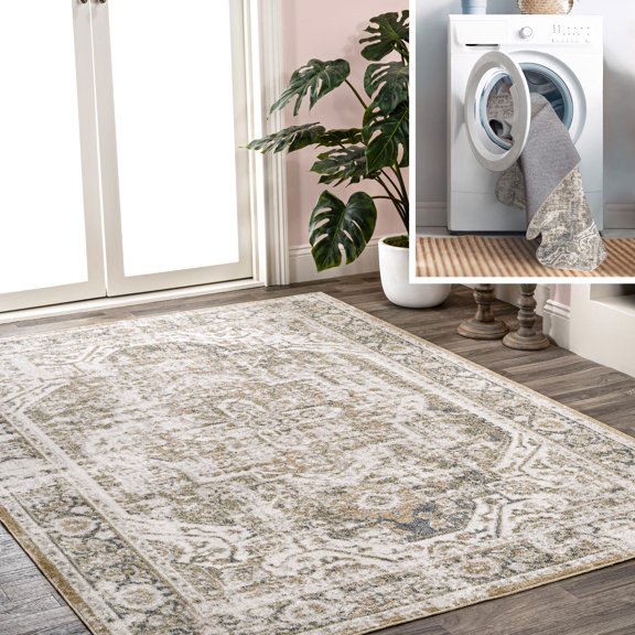 JONATHAN Y WASHABLE 4 x 6 Area Rug, Keesha Bold Distressed Medallion - Green/Cream, WSH316C-4