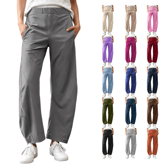 SimpleJoyi Women's Solid Quick Dry Cropped Pants Elastic Waist Side Pockets Relaxed Wide Leg Casual Trousers Size S-XXXL