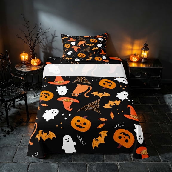 Homewish Halloween Ghost Bat Twin Sheets, Cute Witch Hat Cat Bedding, Black Orange, 3-Piece (1 Flat Sheet, 1 Fitted Sheet and 1 Pillowcase)