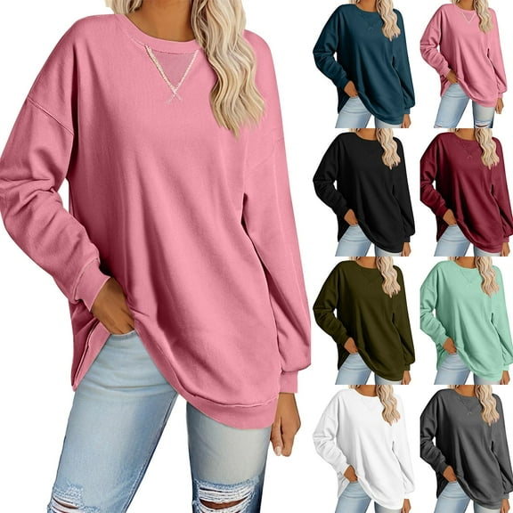 Kaprioy Womens Long Sleeve Swearshirts Crewneck Color Block Oversized Pullover Tops Casual Fall Fashion Clothes Pink, XL