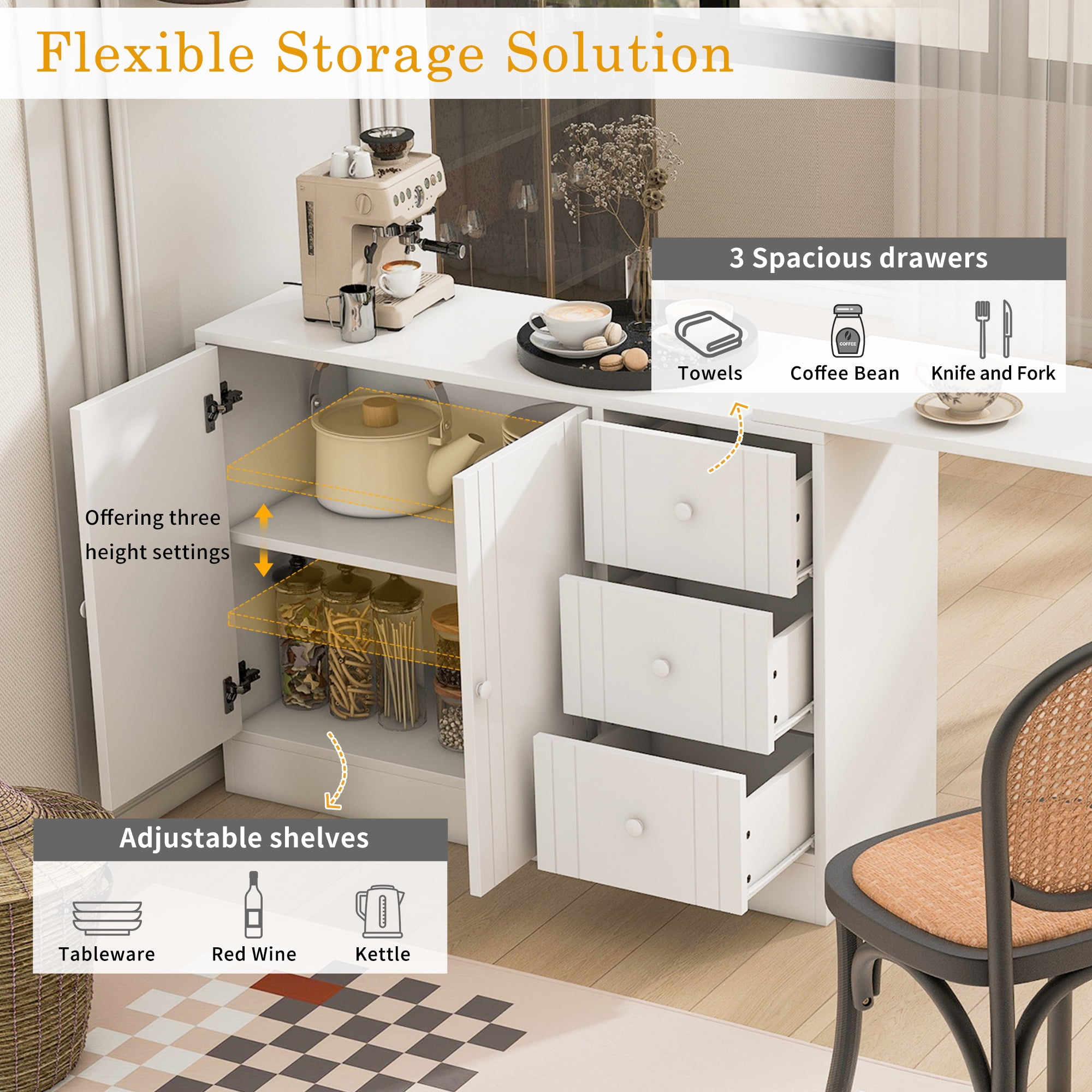 Euroco 89.7" Sideboard with Extendable Table, Multifunctional Buffet Storage Cabinet with 2 Doors and 3 Drawers Coffee Bar Station for Living Room,Study,Kitchen, White
