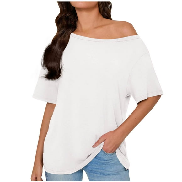 Women Off Shoulder Tops Summer Casual Short Sleeve T-Shirts Loose Fit Blouses Solid Color Tunic Tops White