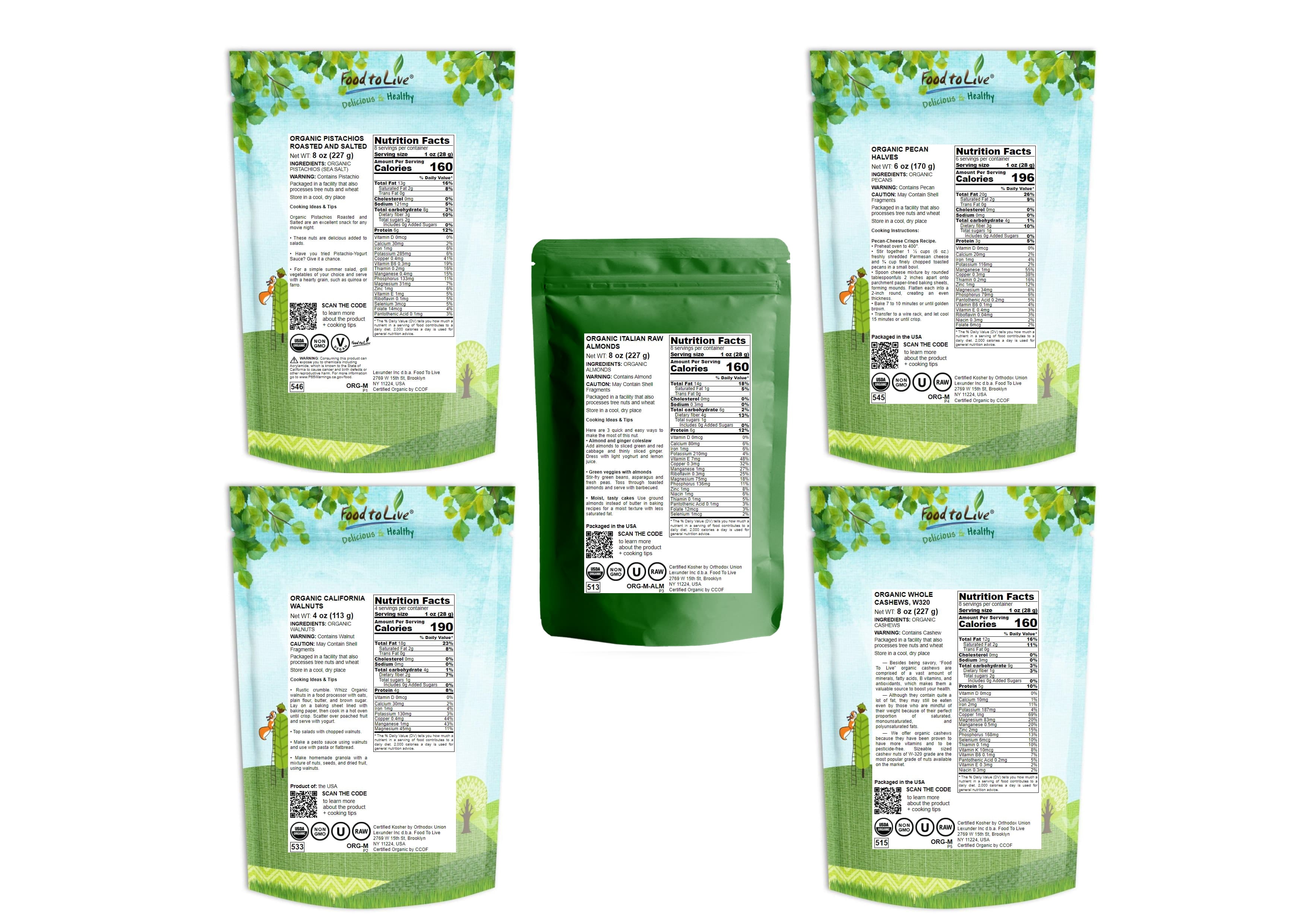 Organic Brain Healthy Nuts Gift Box - Pecans, Walnuts, Almonds, Pistachios, Cashews - by Food to Live