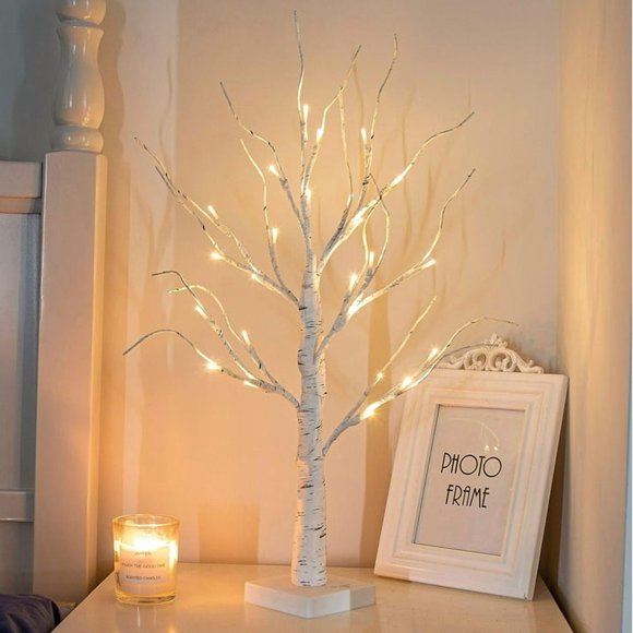 60cm Battery-Powered Birch Tree Light with 24 Warm White LEDs - Flexible Branches for Festive Decor, Tabletop Holiday Ambience Lighting, On/Off Switch, 3x AA Batteries Not Included