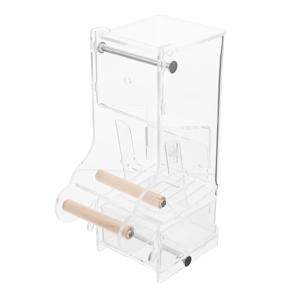 Comedero automático para loros, transparente, con percha, dispensador de comida para pájaros pequeños, a prueba de salpicaduras y con imán.