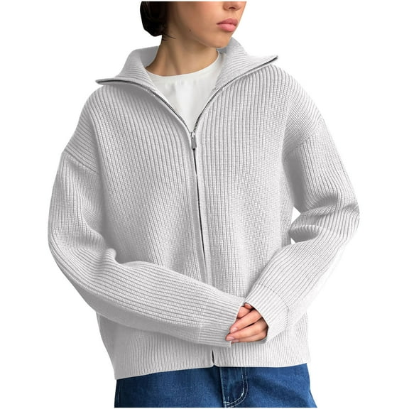 Zip up Cardigans for Women Fall Trendy Long Sleeve Chunky Sweater Cardigan Knit Open Front Collared Zipper Sweaters Coat (S, White)