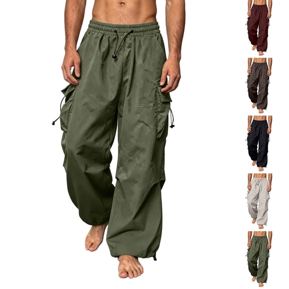 Elvqul Loose Cargo Pants for Men Multi-Pocket Big and Tall Pullover Elastic Waist Cargo pockets Wide-Leg Holiday Mens Pants Green
