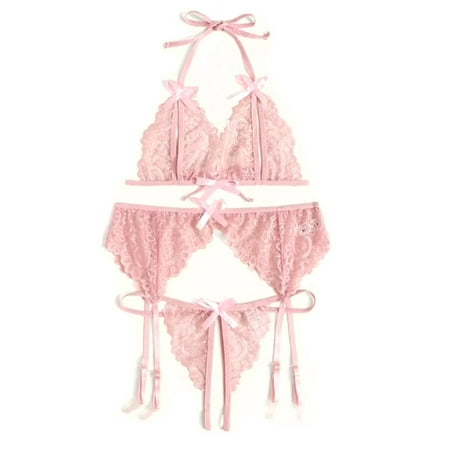 

JDEFEG Lingerie for Women Fringe Romper Lace + Bra Suspenders Thong 3Pce Suit Lingerie Bowknot Fashion + Ladies Women Lingerie Set Womens Lingerie 100%Polyester Pink Xl
