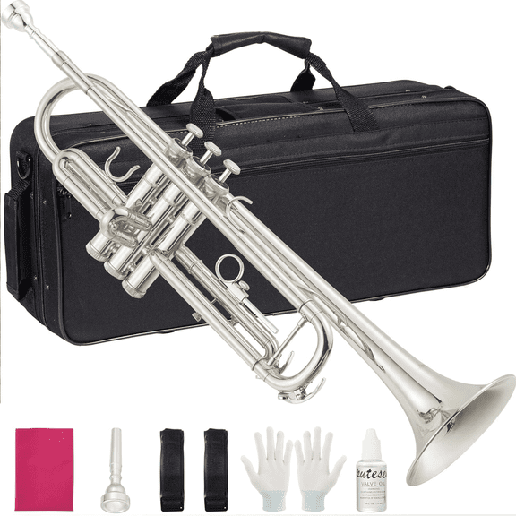 Trumpet Brass Standard Silver Trumpet Instrument for Beginners or Advanced Students (Nickel-Plated)