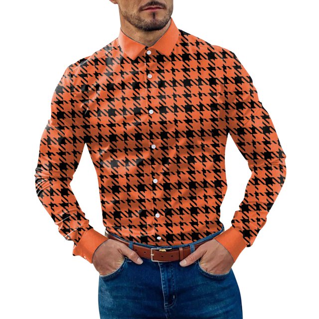 Camisas Para Hombre Camisa de manga larga con botón de solapa y estampado a cuadros informal para hombre (Orange, 3XL)