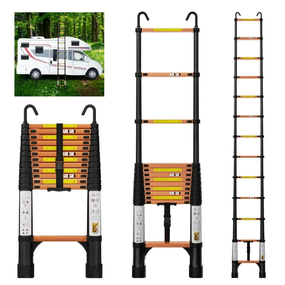EvaStar 12.5FT Telescoping Ladder Aluminum Lightweight Ladder with Hooks & Stabilizers 330lbs Capacity Collapsible Ladders Extension Telescopic Ladder for Household Outdoor RV - Orange & Black
