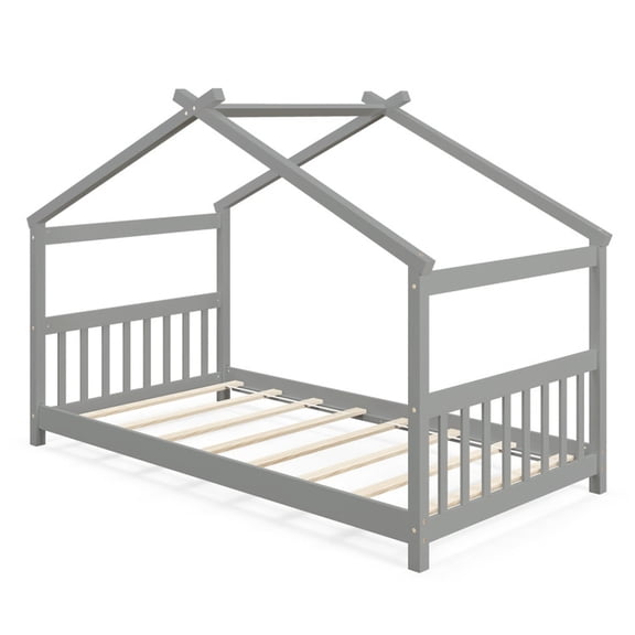 Furnibear Twin Size Wooden House Bed with Roof Kids Loft Bed Frame with Pine Wood Construction and Storybook Headboard for Bedroom, White