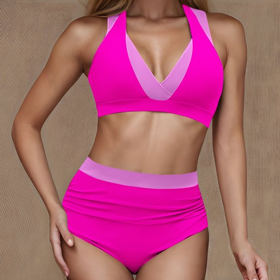 Women's High Waist Bikini Sets Stretch Quick-Dry Slimming Two Piece Bathing Suit Color Block Modest Swimwear (XL, Hot Pink)