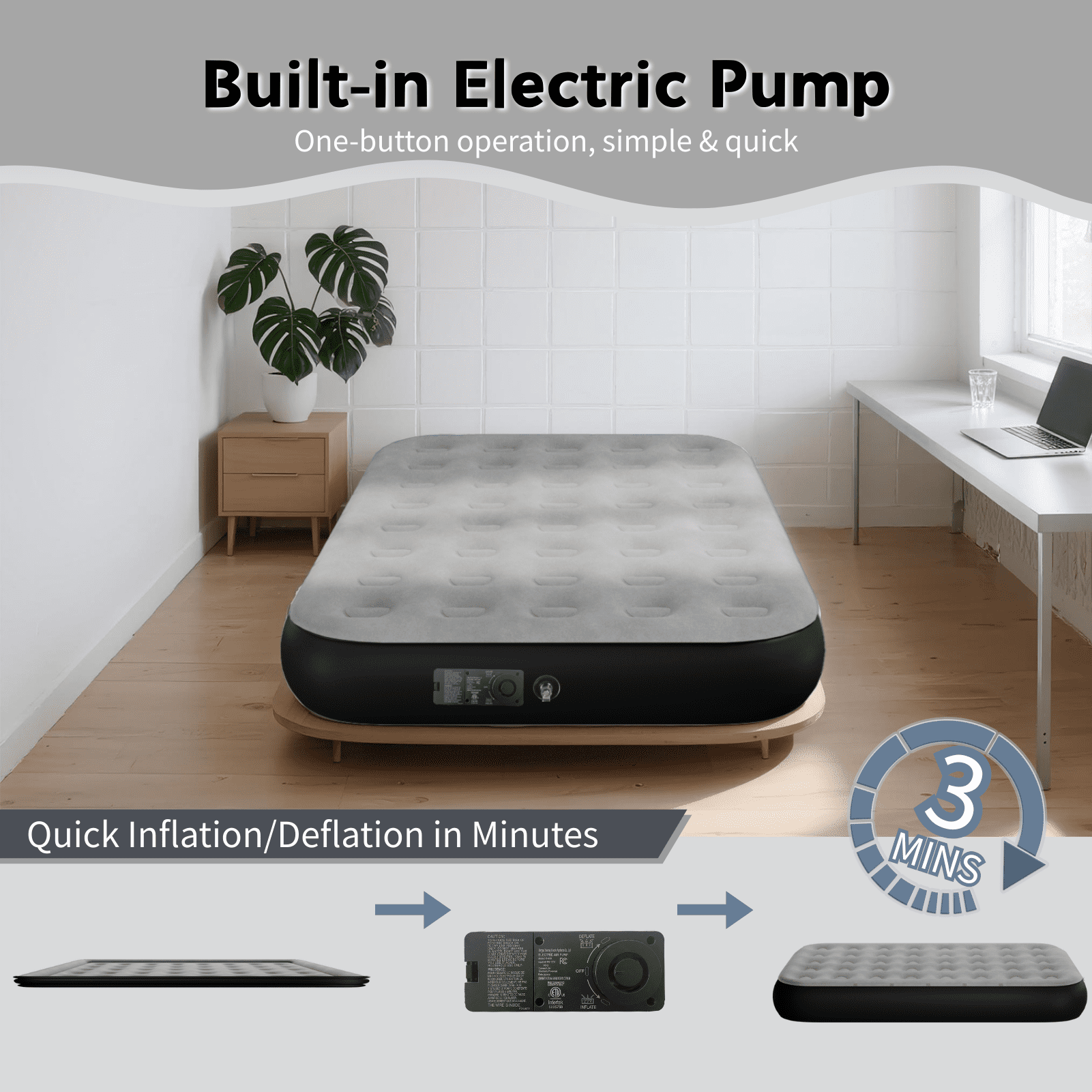 Full 10" Top Flocking Air Mattress with Built-in Pump Raised Comfort,Fast Inflation/Deflation Foldable Portable Air Bed with Storage Bag for Home,Camping,Guests Grey
