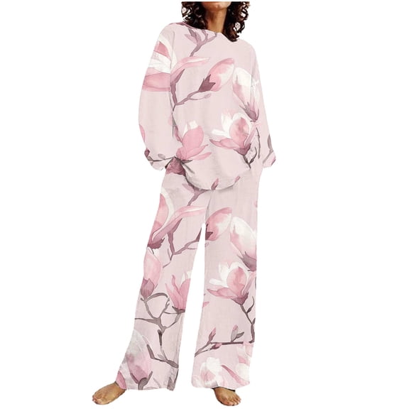 SnZhen Two Piece Sets for Women Women's Casual Printed Long Sleeved Round Neck Top With Pants Set