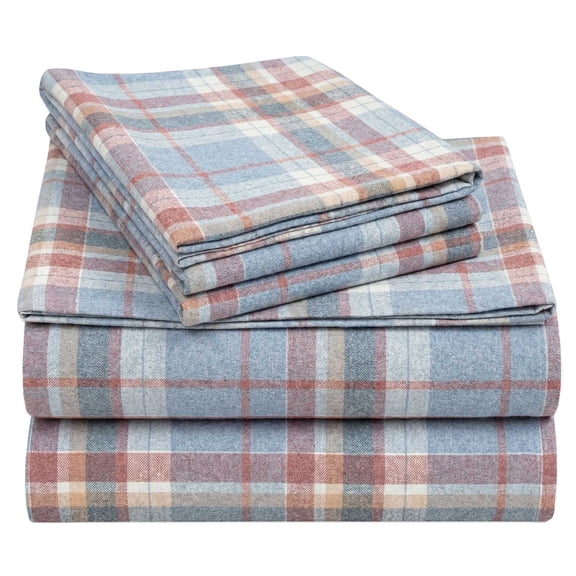 California Design Den Yarn Dyed Flannel Queen Size Sheets Set - Triple-Brushed 100% Cotton, Deep Pockets, Made in Portugal - Blue/Grey-Rust Plaid