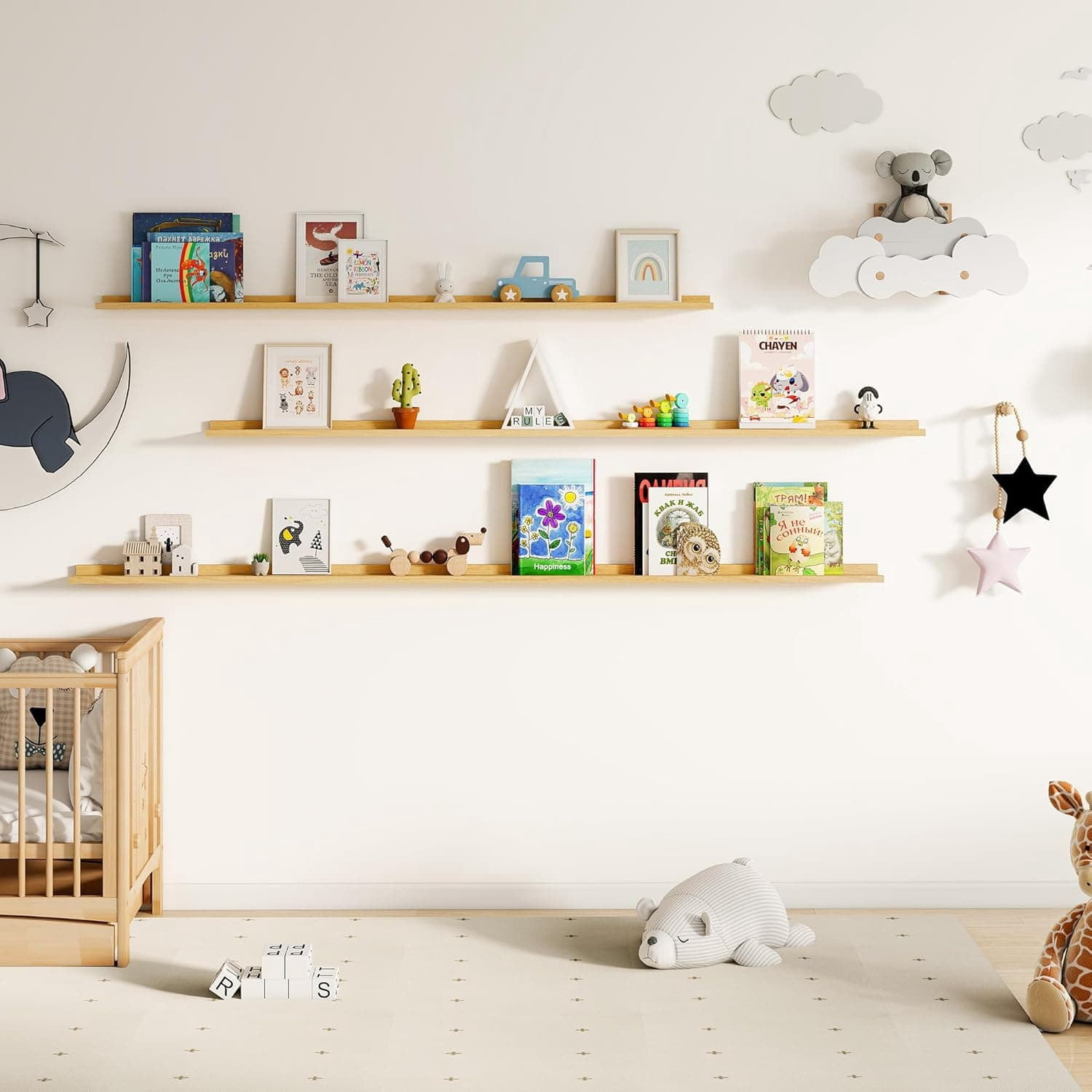 Floating Picture Ledge Shelves for Wall Set of 2, 55 Inches Picture Shelf with Ledge, Nursery Book Shelf for Toys Storage Kids Bookshelf Wall Mounted Living Room Bedroom Decor Frames, Oak