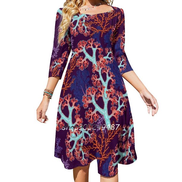 Vestido de escote cuadrado Coral Dream, vestido de verano elegante para mujer, vestido con cuello halter, estampado de coral, mar, océano, mundo submarino, misterio