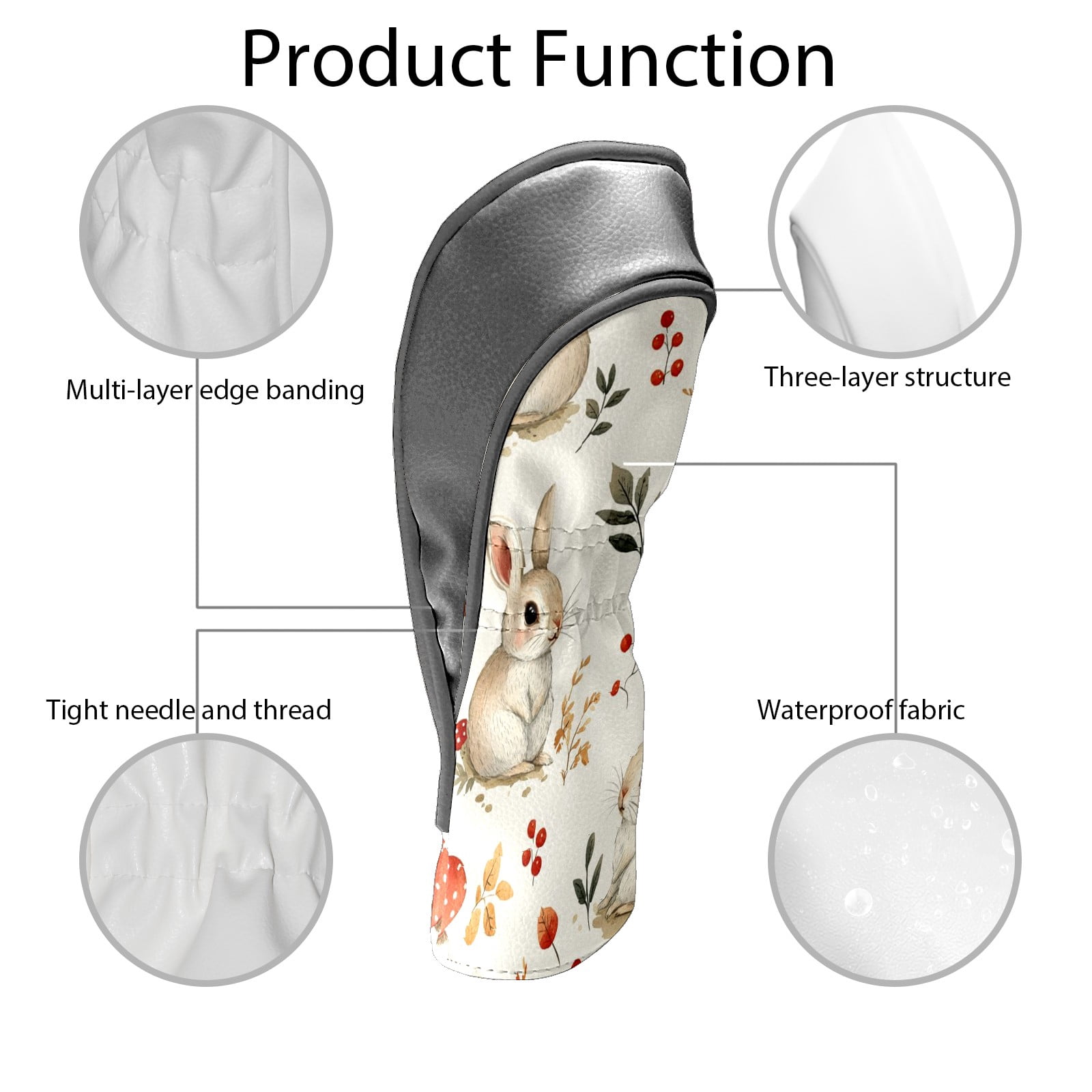 Golf Head Covers Cute Rabbit Pattern for Driver, Wood & Hybrid, Premium Waterproof PU Leather with Plush Lining, Animal Golf Gifts