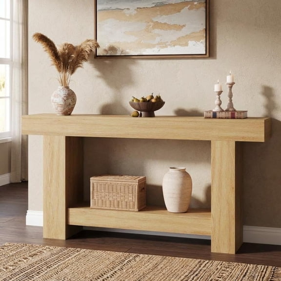 Farmhouse Entryway Table, Narrow Console Table, 2-Tier Sofa Table with Stable Base, Rustic Wood Accent Table for Hallway, Living Room, Foyer,Wood