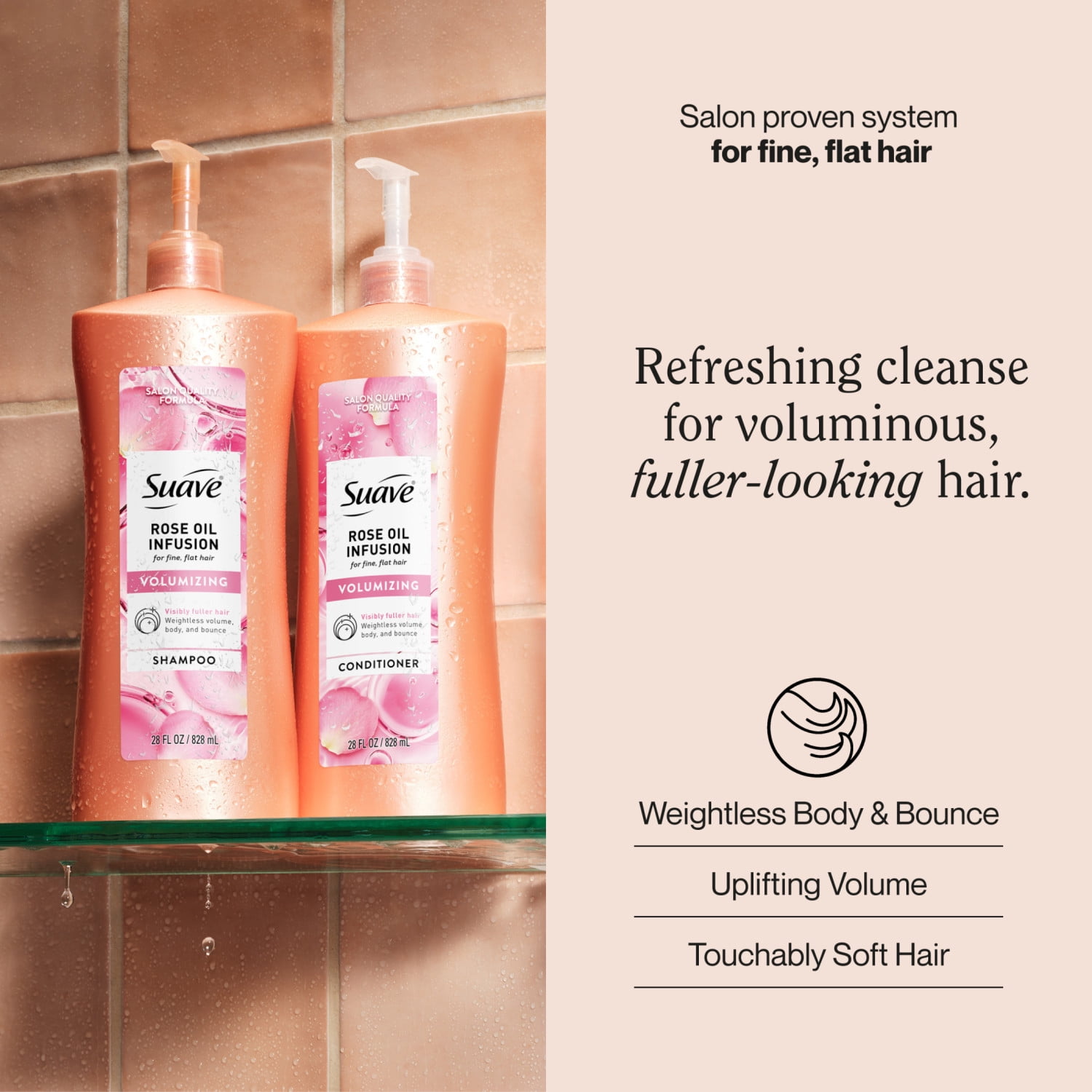 Suave Rose Oil Infusion Volumizing Shampoo for Fine, Flat Hair, 28 FL OZ Pump