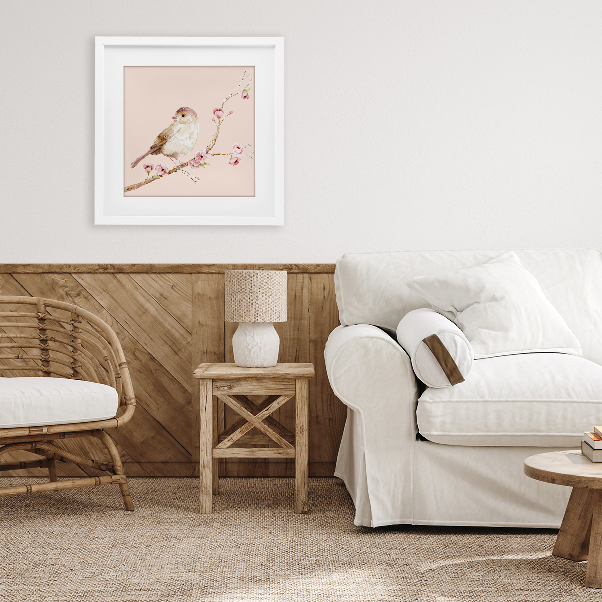 Sweet Brown Bird Perched White Framed Print Under Glass, design by Lisa Wehmeyer