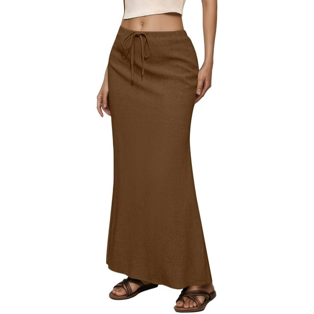 UANWENN Women's Casual High Waist Drawstring Elastic Waist Midi Skirt with Back Slit for Daily Spring Summer Basic Solid Skirt Leather Mini Skirt Silk Mini Skirt Skirt Bathing Suits for Women Poodle