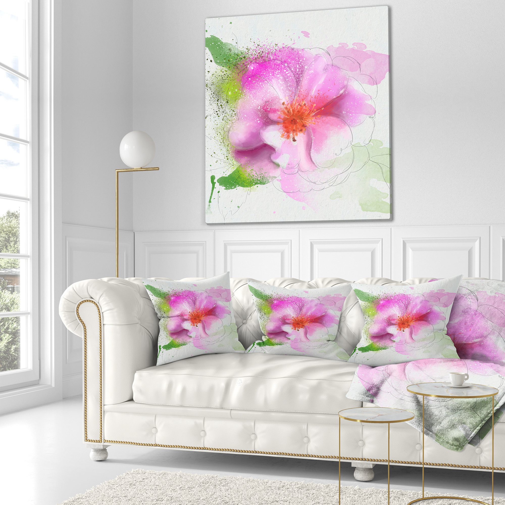 Designart Blooming Pink Flower Watercolor - Flowers Throw Pillowwork - 16x16