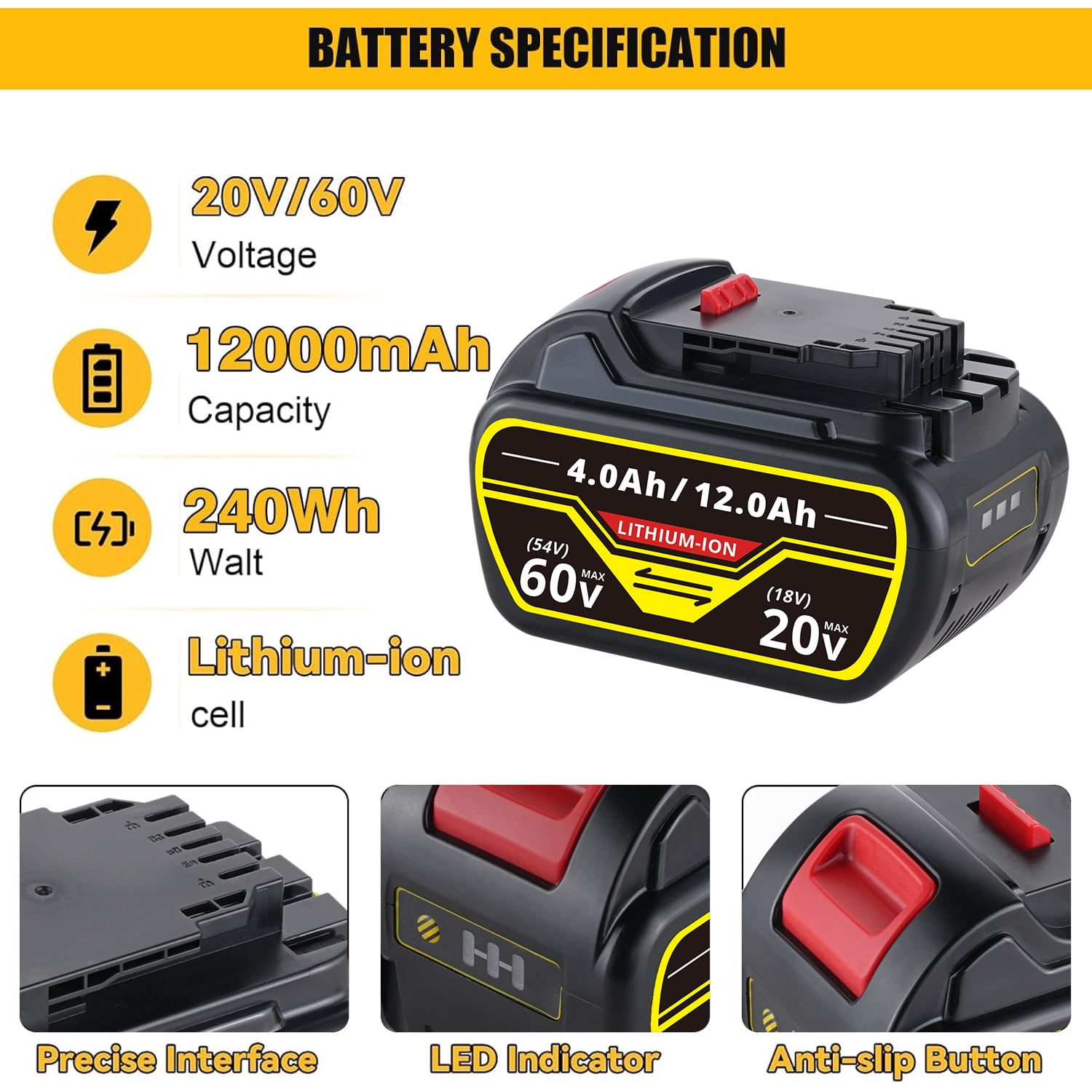 Persever 1Pc 4.0Ah-12.0Ah DCB606 Li-on Battery Replace for De-wal-t 20v/60v Flex-Volt Battery Pin DCB609 DCB612 DCB615 Compatible with Power Tools & Tools DCB118 DCB1104 DCB1106 DCB1112