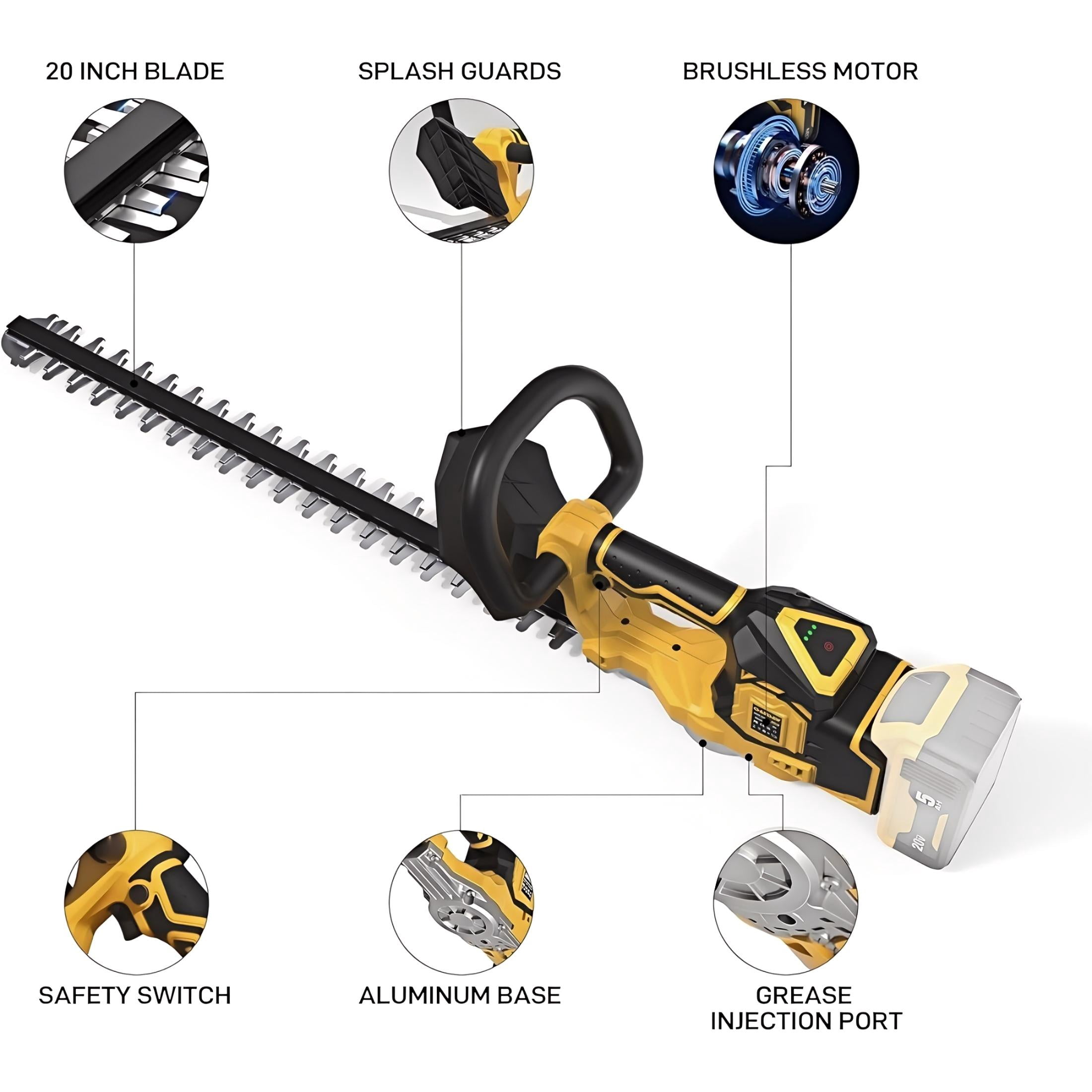 ELECMAPS 20-inch Cordless Hedge Trimmer, Electric Brush Shrub Edge Trimmer, with Brushless Motor, Compatible with DEWALT 20V MAX Battery, Lightweight Stainless Steel Design