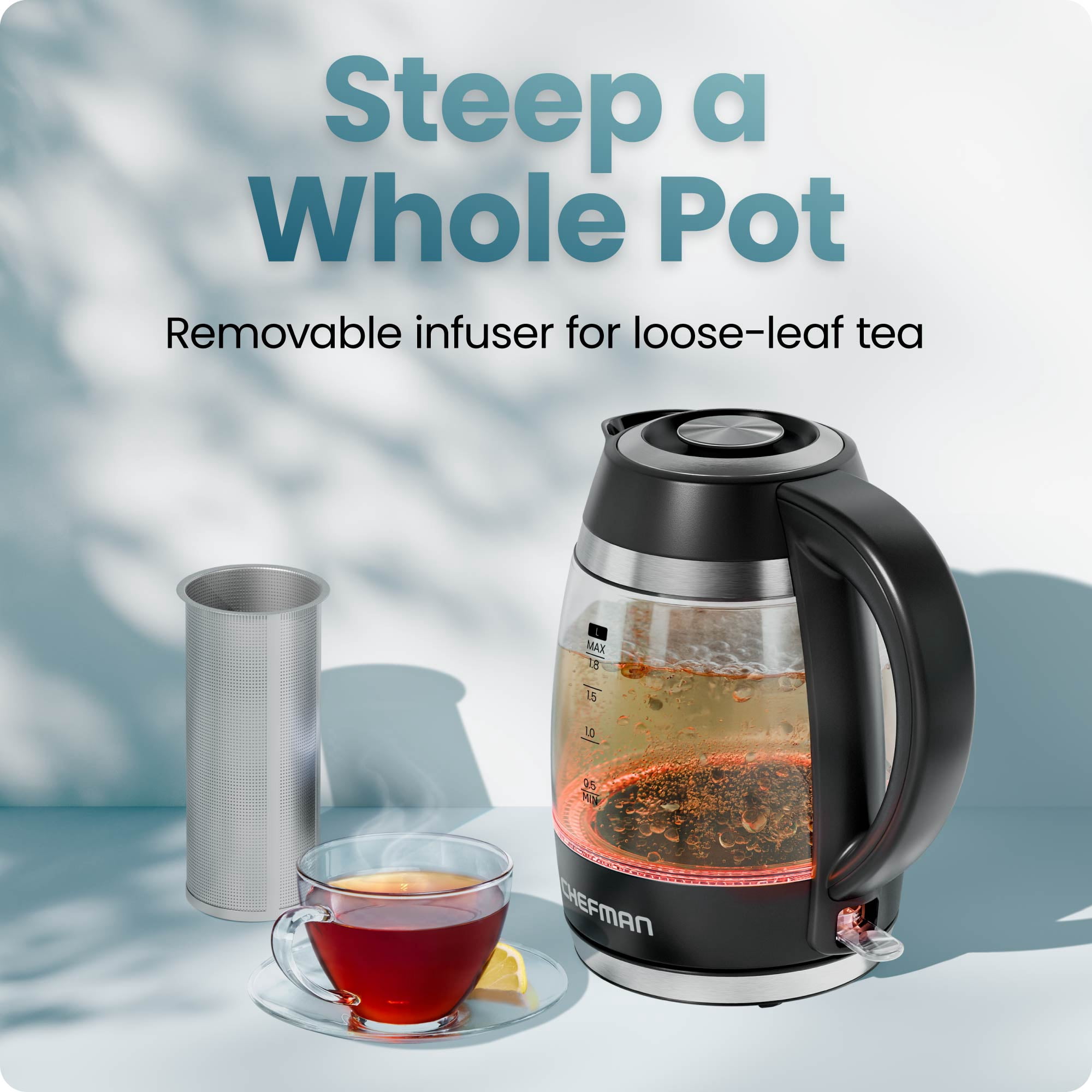 Chefman Fast-Boil 1.8L Electric Kettle with Tea Infuser, LED Lights - Black