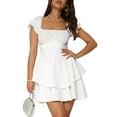thumbnail image 2 of Musuos Women's Summer Mini A-Line Dress Solid Color Ruffled Sleeves Square Neck Layered Hem Dress for Cocktail Party, 2 of 7