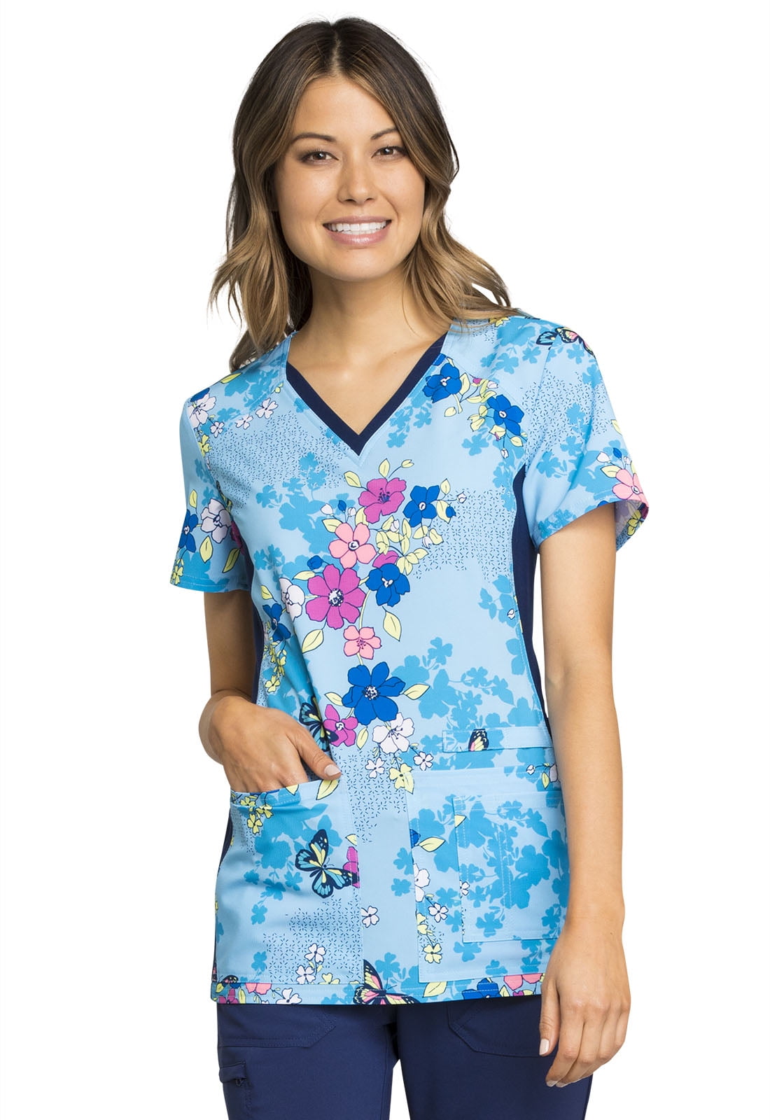 Cherokee iFlex Women Scrubs Top, VNeck Knit Panel, CK636, S, Butterfly