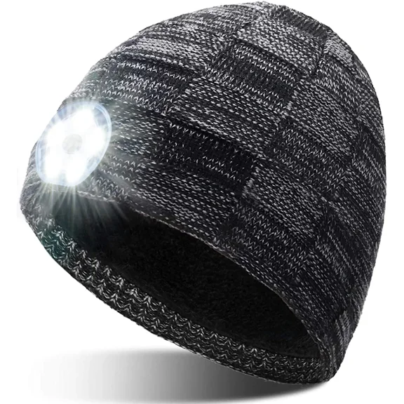 LED Beanie Hat with Light - Christmas Stocking Stuffers for Men Gifts, USB Rechargeable Hand Free Headlamp Cap, Unisex Warm Winter Knit Lighted Headlight Hats for Running, Gifts for Dad Women Grey