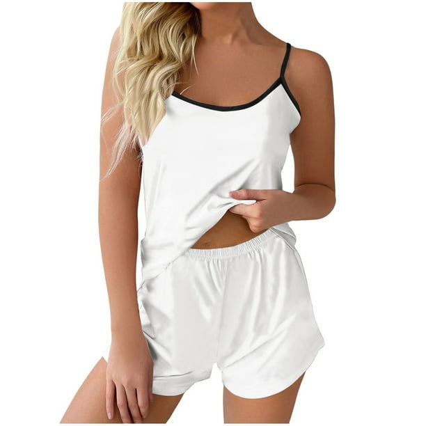 Conjunto de pijama de satén para mujer, informal, de color liso, con tirantes, pantalones cortos, para el hogar