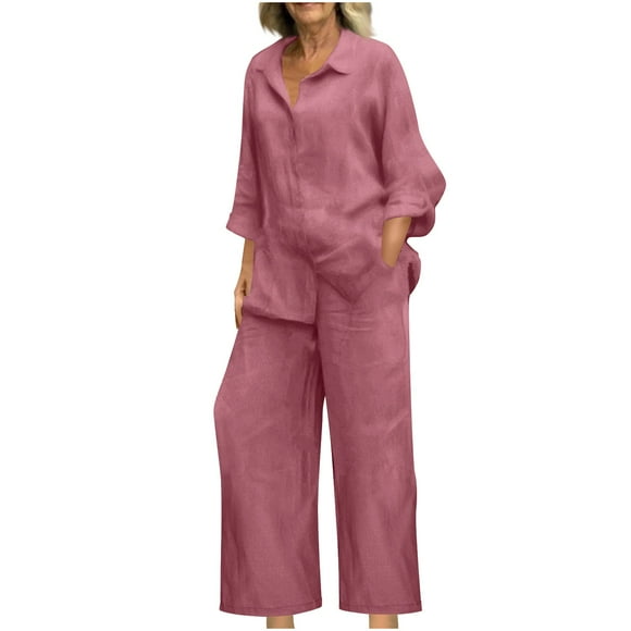 Women 2 Piece Linen Sets 2025 Button Up Long Sleeve Shirt Drawstring Wide Leg Pants Set Summer Outfits