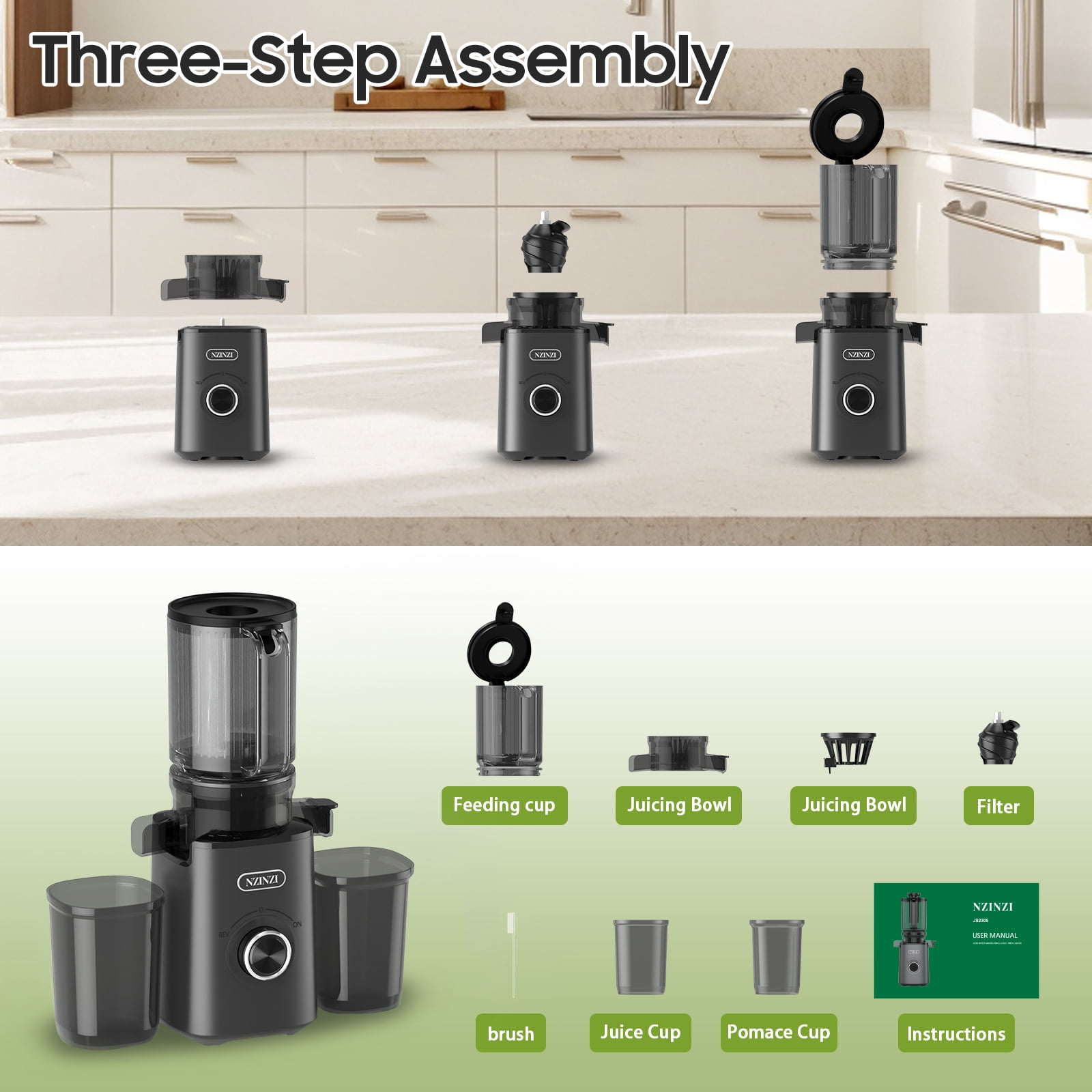 NZINZI 50-Speed Juice Press Electric Juicer, Gray