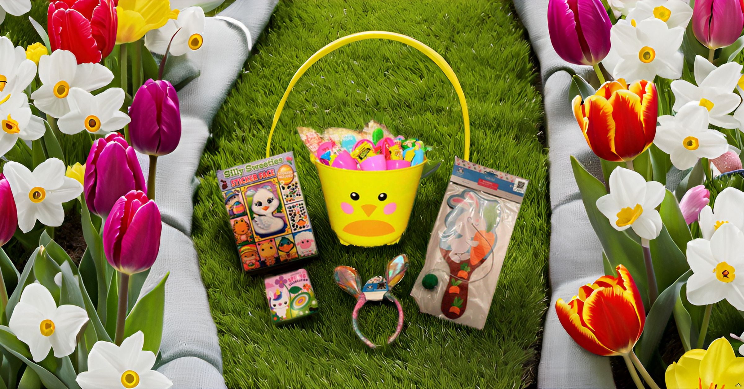 Yellow Custom Prefilled Easter Basket 44 Pieces, Candy Treats Toys Activity Books, All Youth