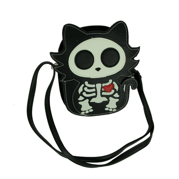 Black Glow in the Dark Skeleton Cat Crossbody Purse Small Halloween