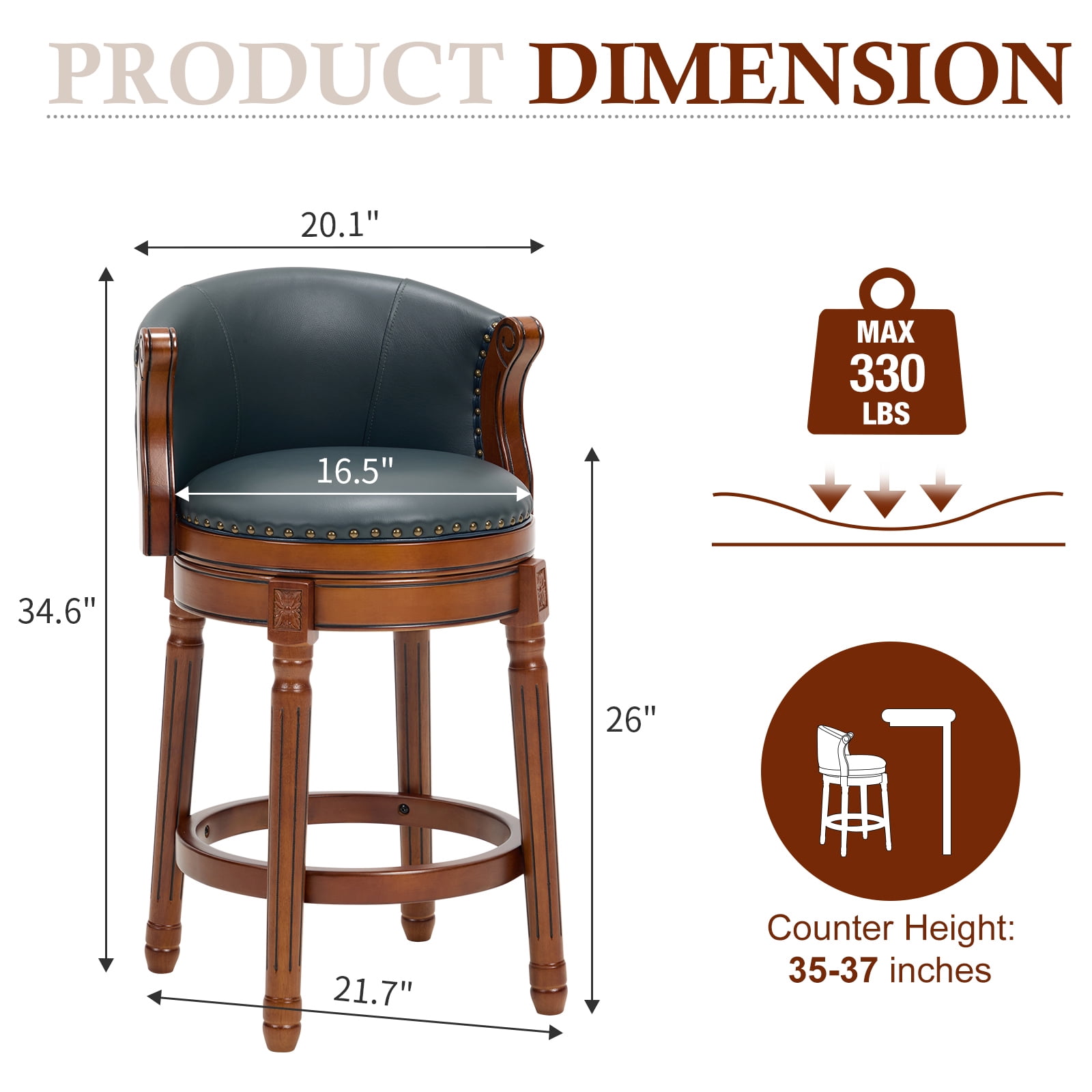 Aulife set of 2 Bar Stools Genuine Leather Counter Height barstool Wooden Swivel kitchen Stool with Footrest for Kitchen Dining Room Navy