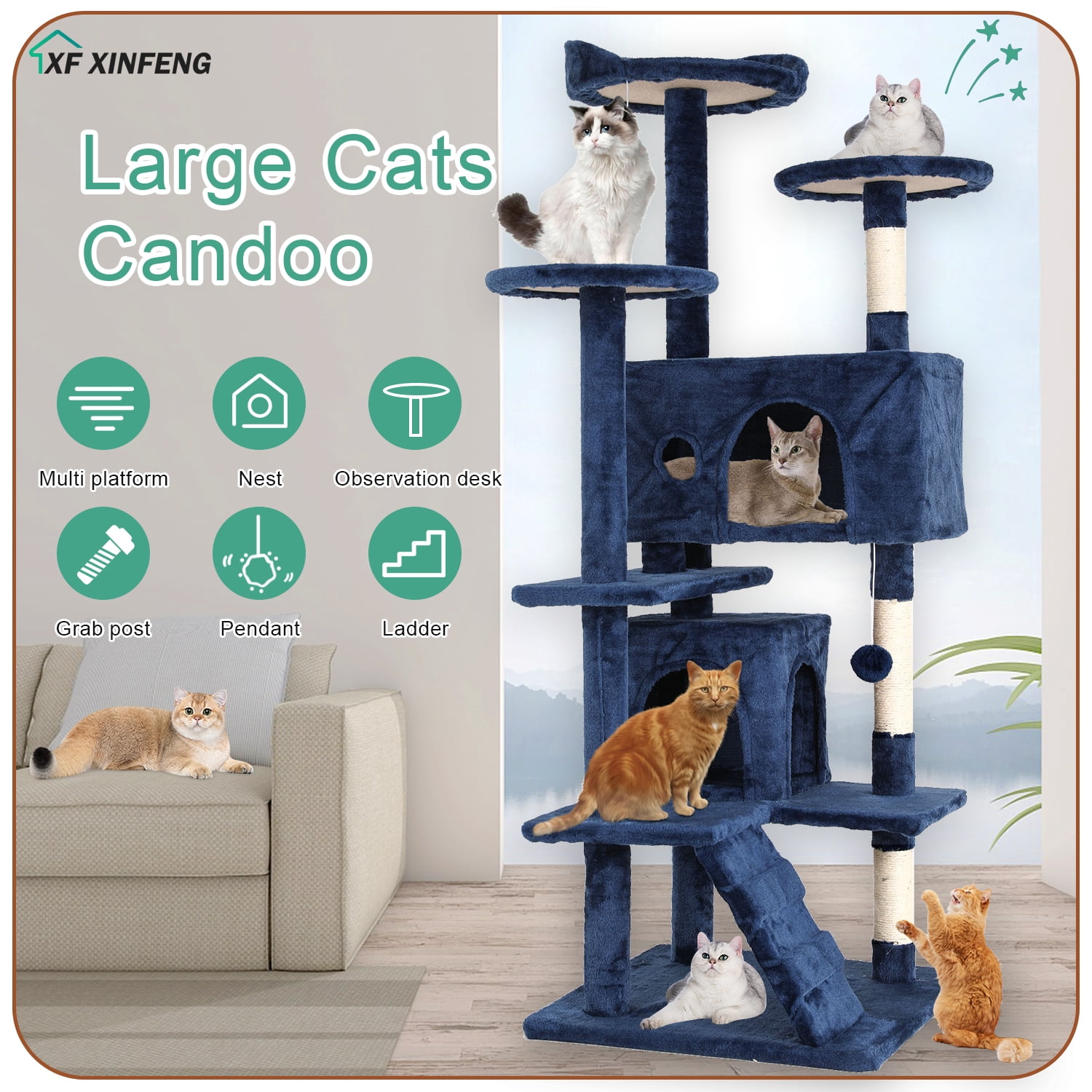 XF XINFENG 54in Cat Tree Tower Playhouse Multi-Level Pet/Cat Cozy Condo Furniture for Indoor Cats with Scratching Posts Stand House, Navy Blue