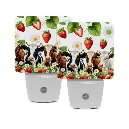 

Night Lights Plug Into Wall [2 Pack] Night Light for Kids LED Nightlight with Dusk to Dawn Sensor for Bathroom Decor Children Room Three Cows Strawberry Flower Animal Fruit