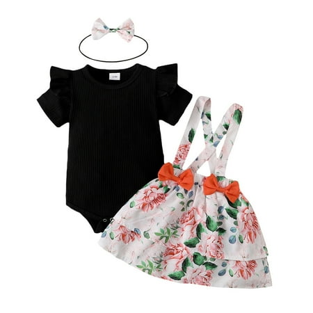 

Baby Girl Clothes Romper Floral Suspender Dress Ruffle Sleeve Jumpsuit Headband 0-18M Toddler Outfit