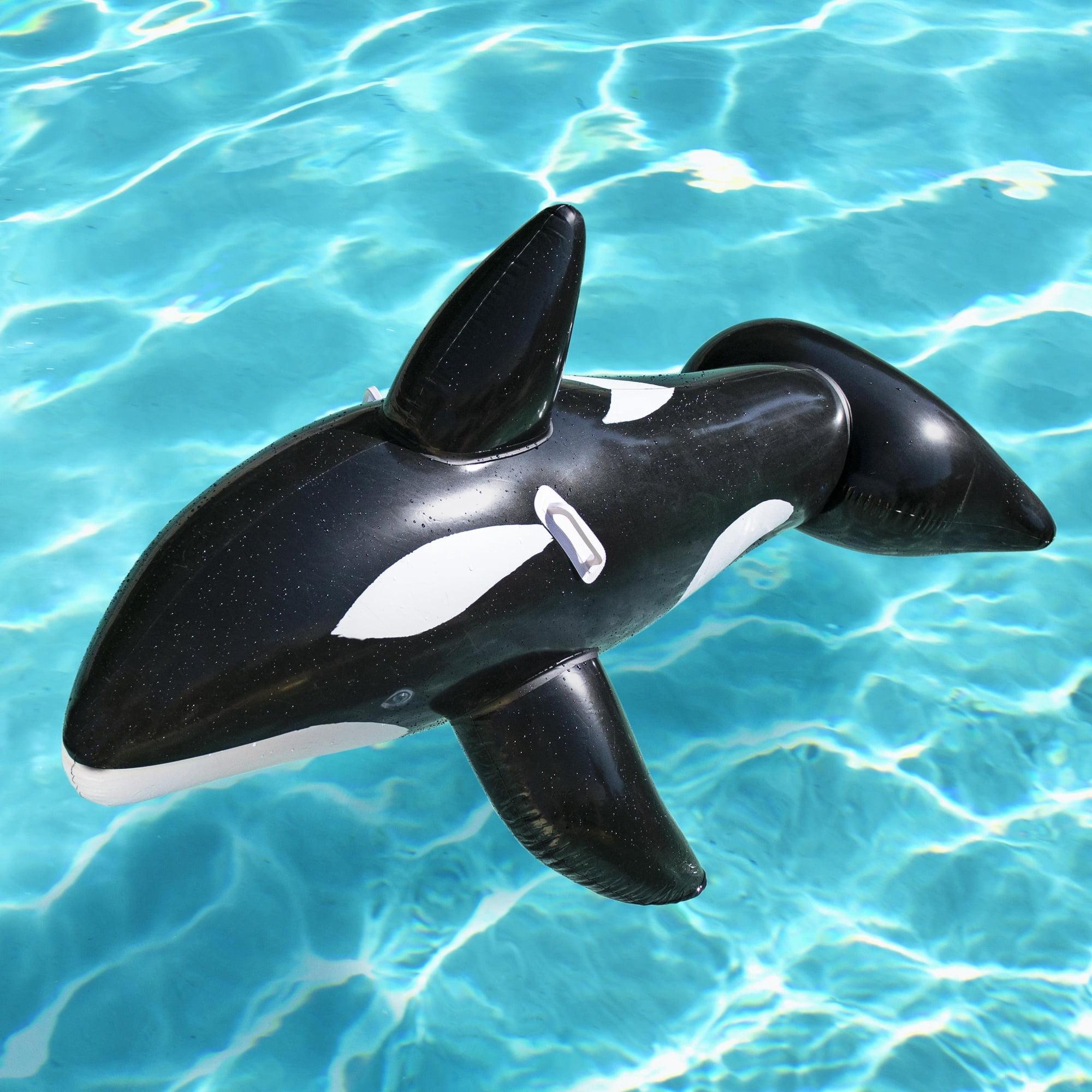 Bestway: Jumbo Whale Rider - Black & White - 80x40" Inflatable Ride-On Pool Float, Ocean Animal Character Lounger, Grip Handles, Water Play, Kids 3+