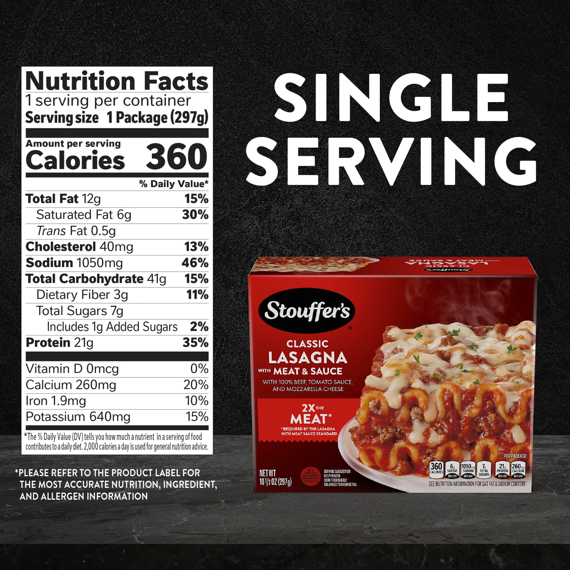 Stouffer's Lasagna with Meat & Sauce, Single Serve, Frozen Entrees for One, Ready to Cook Easy Dinners, Protein Frozen Meals 10.5 oz