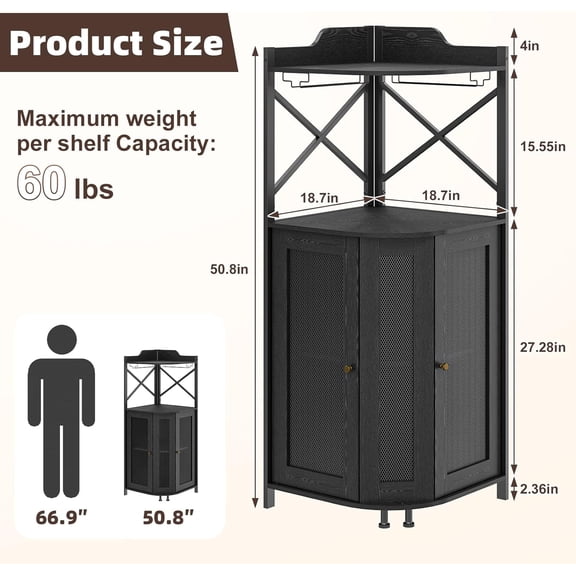 Corner  Cabinet with Glass Holder, 4-Tier Industrial Wine Cabinet with Mesh Door, Farmhouse Liquor Cabinets with Shelf, Home  Corner Storage Cabinet for Kitchen, Living Room, Black